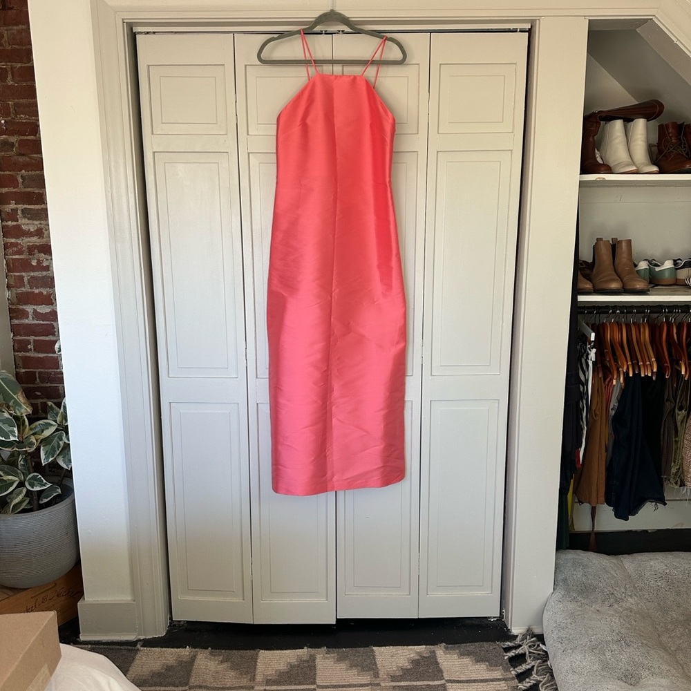 Satin Coral Slip Maxi Dress with Spaghetti Straps - Picture 10 of 10